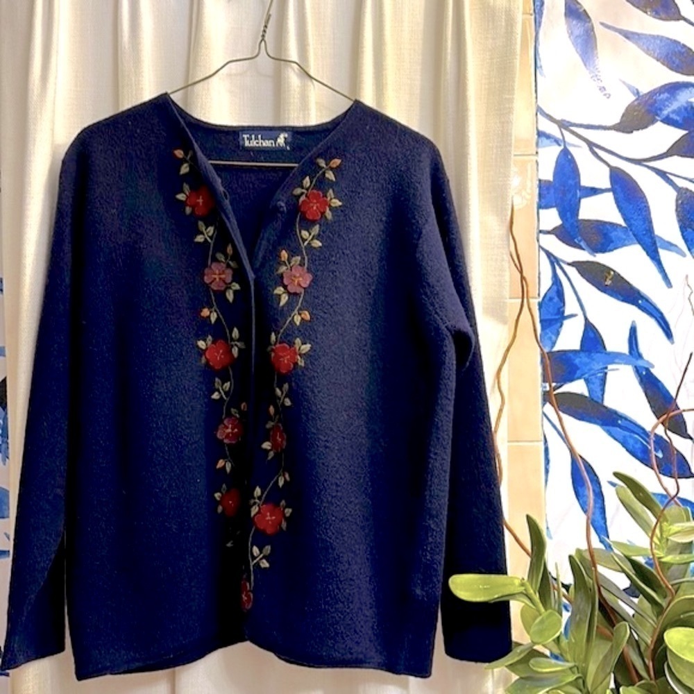 Women’s Tulchan Navy Blue 100% Wool Embroidered Floral Cardigan Sweater Size L